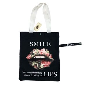 NWT ExCused SMILE Black Floral Tote Bag